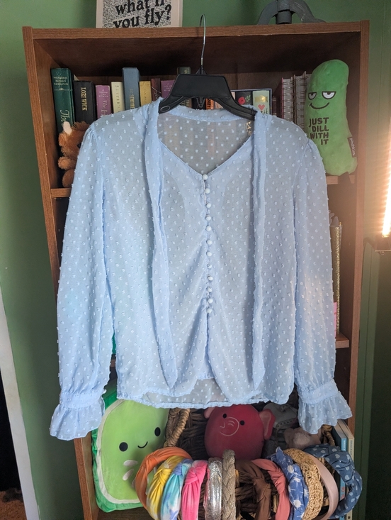 Tops - Light Blue Swiss Dot Tie-Neck Blouse - Women